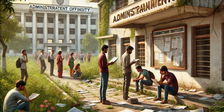 A realistic scene showing students in Jharkhand, India, frustrated and waiting outside administrative offices in a neglected university