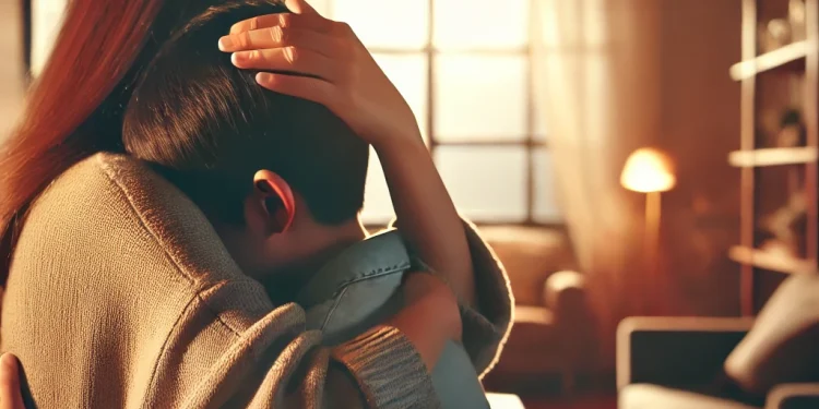 A supportive scene showing a parent hugging a child