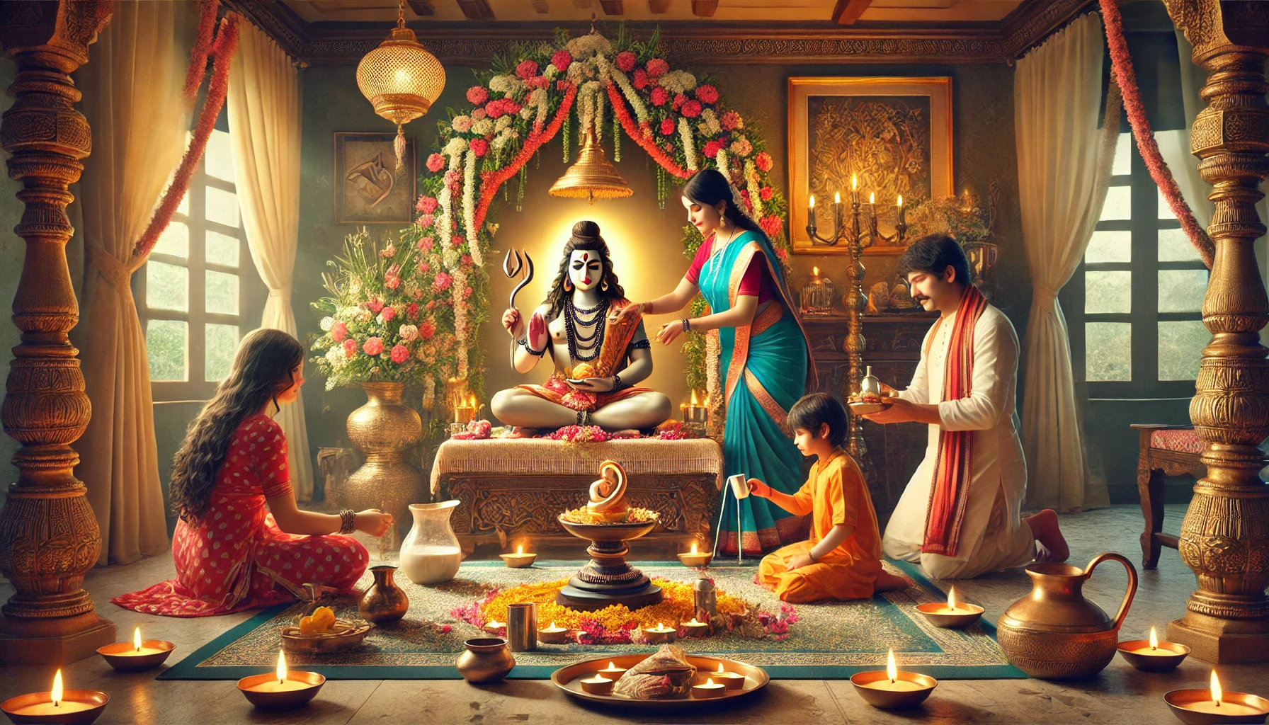 Hindu ritual of Rudrabhishek being performed at home