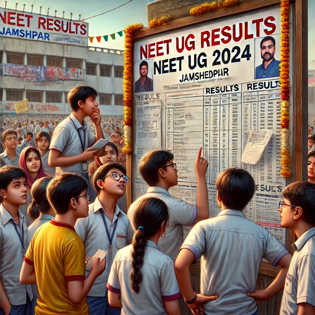 students in Jamshedpur checking their NEET UG 2024 results on a notice board.