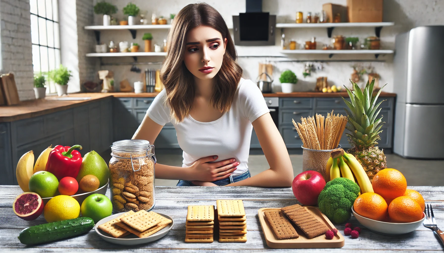 young woman sitting at a table with a variety of biscuits in front of her